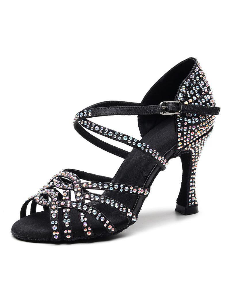 Chaussures Danse Latine Personnalisées Pour Femmes Luxe Satin Noir À Bout Ouvert Avec Strass Salle Bal