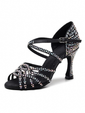 Chaussures Danse Latine Personnalisées Pour Femmes Luxe Satin Noir À Bout Ouvert Avec Strass Salle Bal