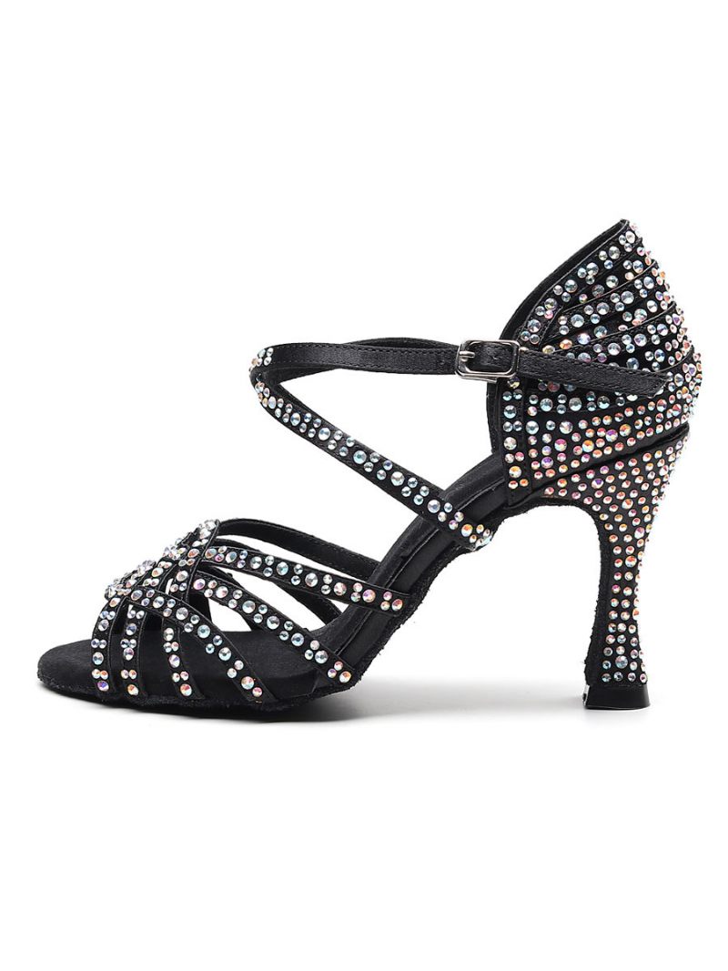 Chaussures Danse Latine Personnalisées Pour Femmes Luxe Satin Noir À Bout Ouvert Avec Strass Salle Bal - Noir