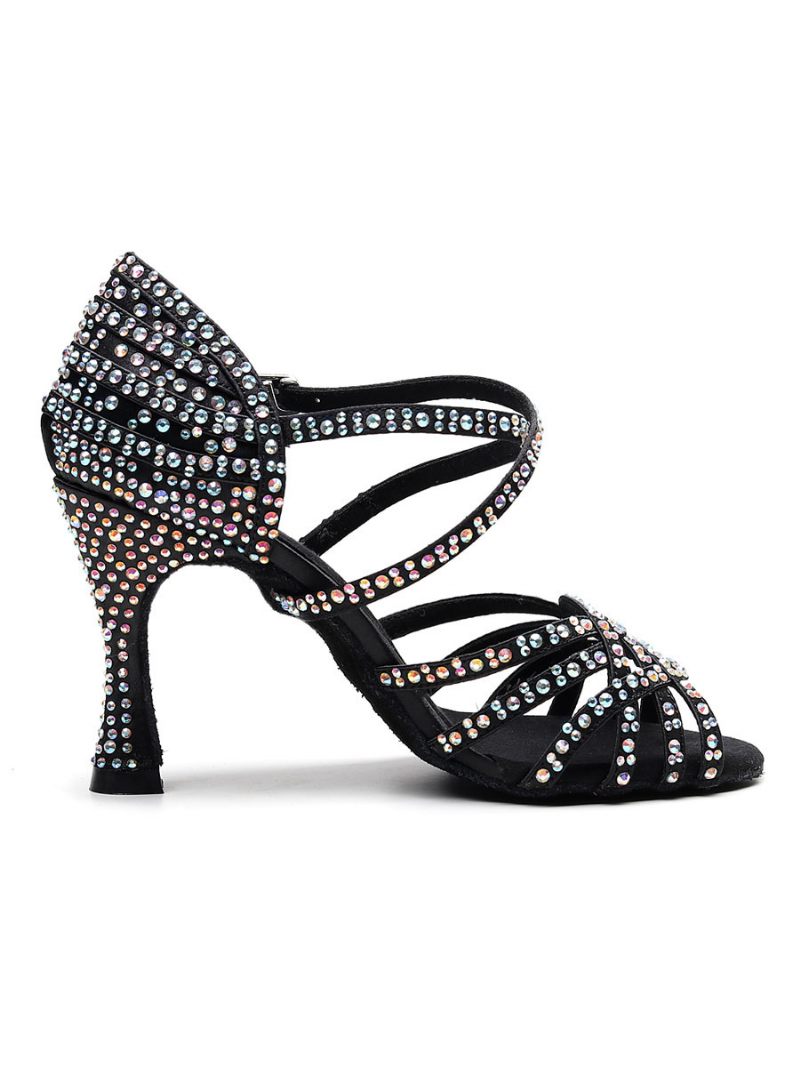 Chaussures Danse Latine Personnalisées Pour Femmes Luxe Satin Noir À Bout Ouvert Avec Strass Salle Bal - Noir