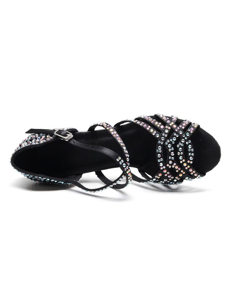 Chaussures Danse Latine Personnalisées Pour Femmes Luxe Satin Noir À Bout Ouvert Avec Strass Salle Bal - Noir