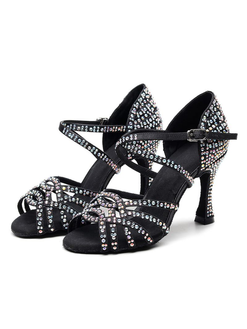 Chaussures Danse Latine Personnalisées Pour Femmes Luxe Satin Noir À Bout Ouvert Avec Strass Salle Bal - Noir