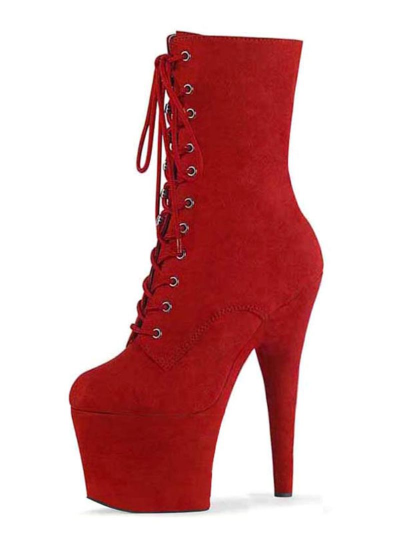 Chaussures Danse Pôle Bottines Sexy À Lacets Pour Femmes Avec Plateforme Et Talons Hauts Ciel - Rouge