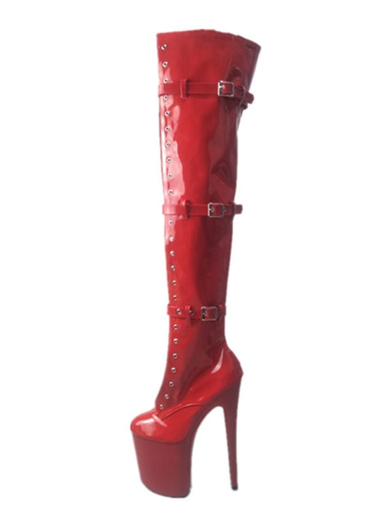 Chaussures Danse Pôle Femmes Bottes Sexy Bout Rond Fermeture Éclair Talon Aiguille Rave Club Noir Cuissardes Strip-teaseuse - Rouge