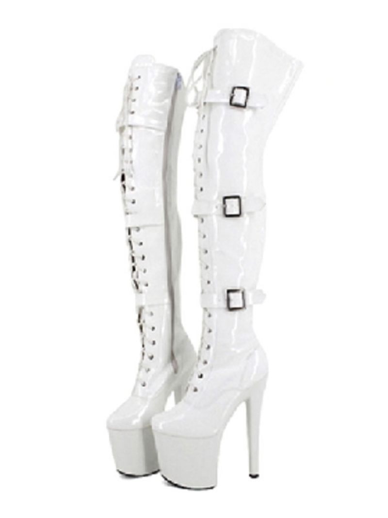 Chaussures Danse Pôle Femmes Bottes Sexy Bout Rond Fermeture Éclair Talon Aiguille Rave Club Noir Cuissardes Strip-teaseuse - Blanc