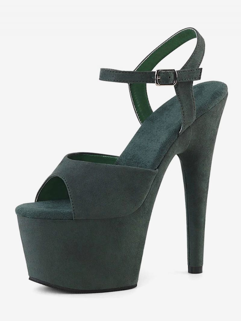 Chaussures Danse Pôle Femmes Sandales Sexy Cuir Noir Peep Toe Moine Sangle Strip-teaseuse - Vert Foncé