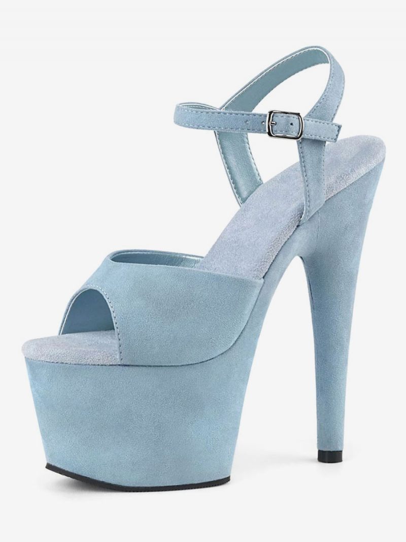 Chaussures Danse Pôle Femmes Sandales Sexy Cuir Noir Peep Toe Moine Sangle Strip-teaseuse - Bleu Ciel Clair