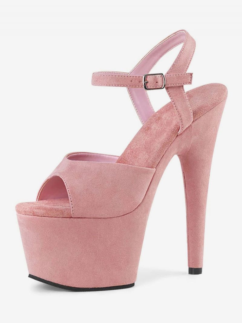 Chaussures Danse Pôle Femmes Sandales Sexy Cuir Noir Peep Toe Moine Sangle Strip-teaseuse - Rose