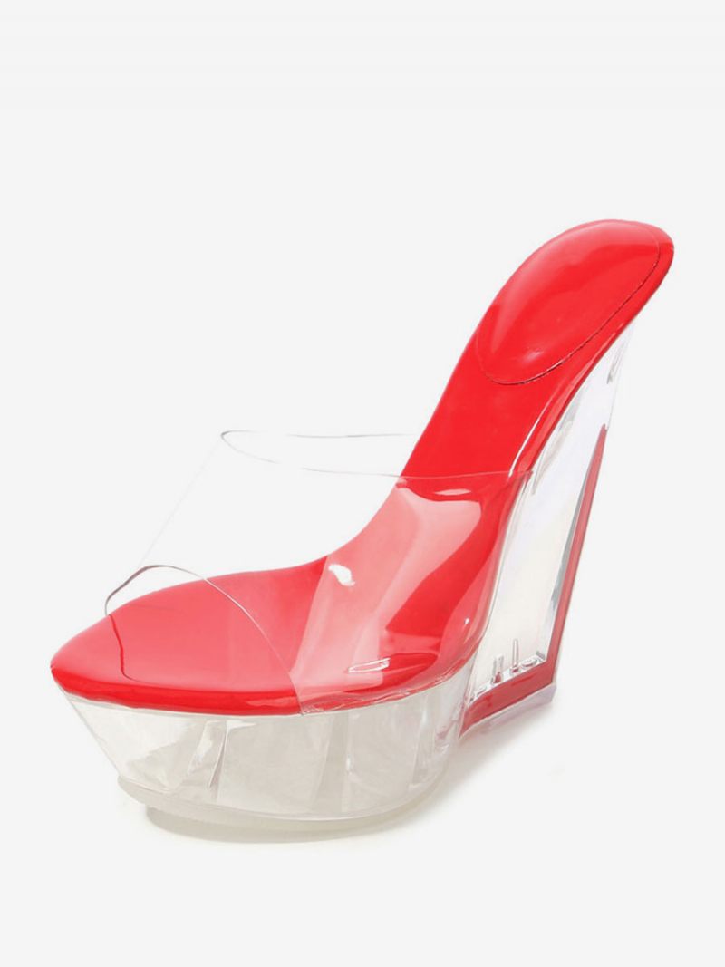 Chaussures Danse Pôle Rouge Sandales Sexy Pour Femmes Plateforme Transparente Bout Ouvert Pantoufles Compensées Strip-teaseuse