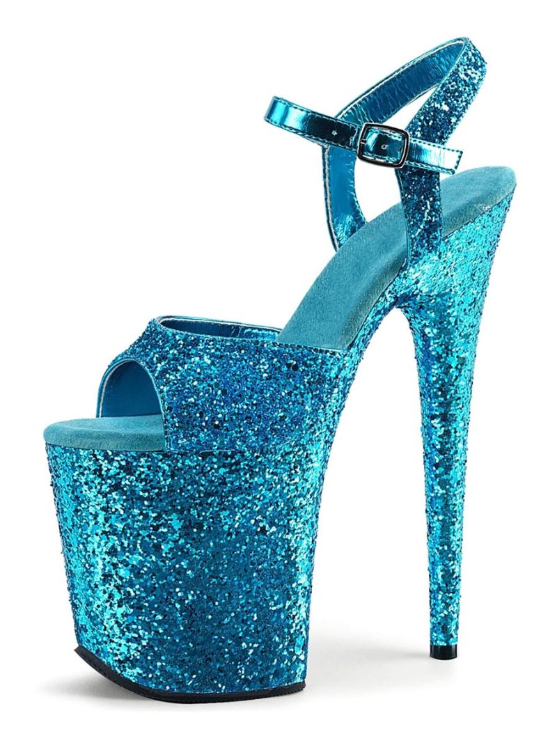 Chaussures Danse Pôle Sandales Sexy Pour Femmes Cuir Noisette Peep Toe Stiletto Strip-teaseuse - Bleu Cyan