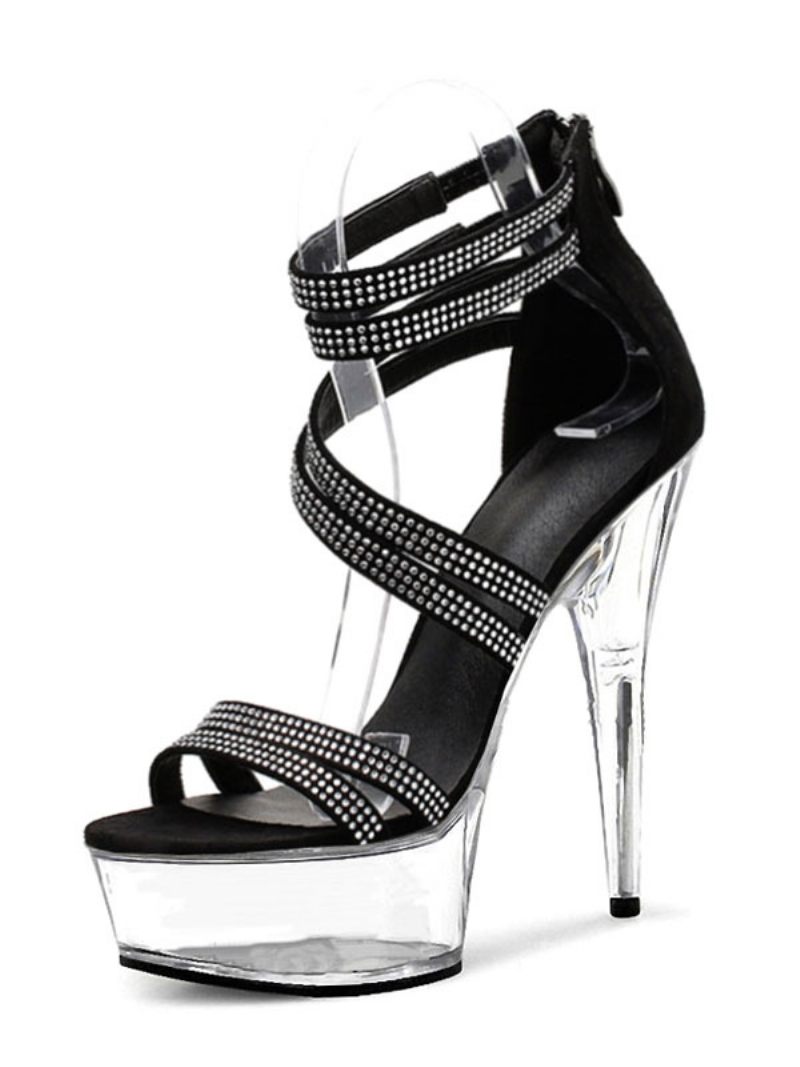 Chaussures Danse Pôle Sandales Sexy Pour Femmes Cuir Pu Bout Ouvert Talon Aiguille Noir Bride À La Cheville Talons - Transparent