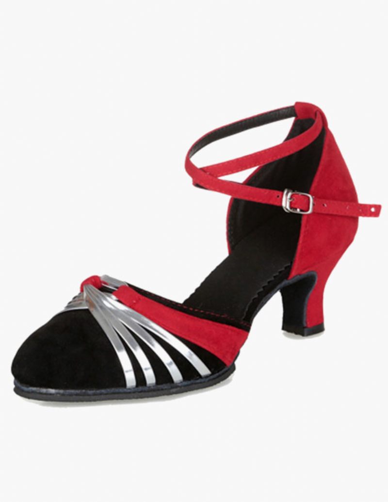 Chaussures Danse Salon Pour Femmes Latine Daim Croisées Noires - Rouge