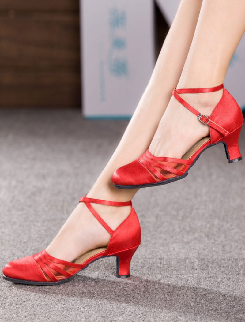 Chaussures Danse Satin Pour Femmes Latine Croisées Noires Salle Bal - Rouge