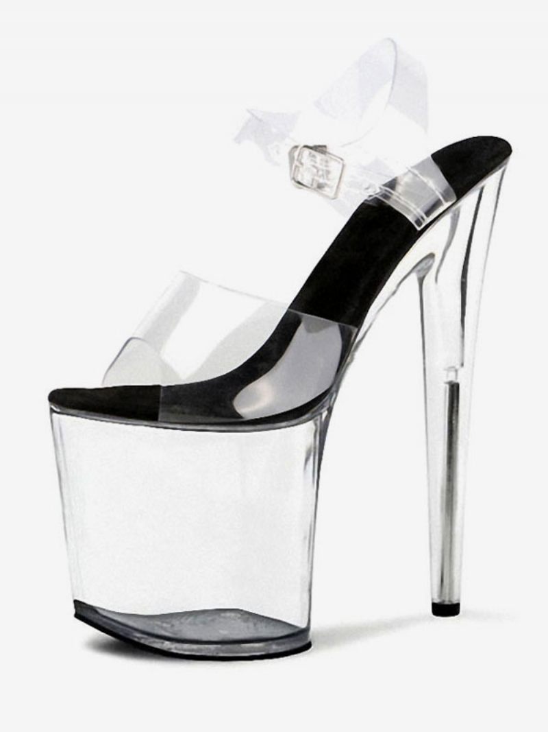 Chaussures Danse Sur Poteau Pour Femmes Sandales Sexy Pvc Blanc Bout Ouvert Talon Aiguille Haut Lanière À La Cheville Strip-teaseuse - Noir