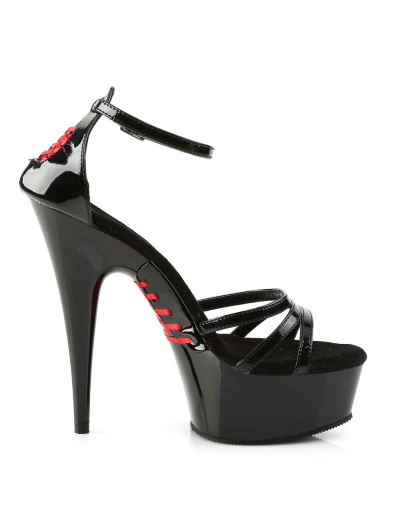 Chaussures Danse Sur Poteau Noir Sexy Sandales Plate-forme Bout Ouvert Bride À La Cheville Femmes Talons Hauts Strip-teaseuse - Noir