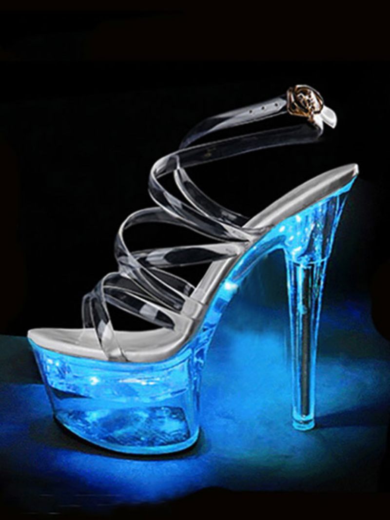 Chaussures Danse Sur Poteau Sandales Sexy Pour Femmes Ombré Pvc Bout Ouvert Talon Conique Haut Lanière À La Cheville Strip-teaseuse - Bleu Ciel Clair