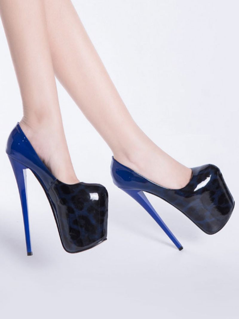 Chaussures À Plateforme Pour Femmes Talons Hauts Argentés Bout Carré Imprimé Léopard Sexy - Bleu