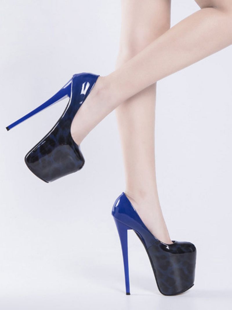 Chaussures À Plateforme Pour Femmes Talons Hauts Argentés Bout Carré Imprimé Léopard Sexy - Bleu