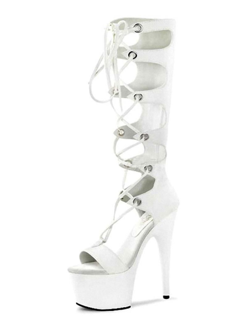 Chaussures Pole Dance Pour Femme - Bottes Sexy À Talons Hauts Bout Ouvert Fermeture Éclair Talon Aiguille Rave Club Cuissardes Noires Strip-teaseuse - Blanc