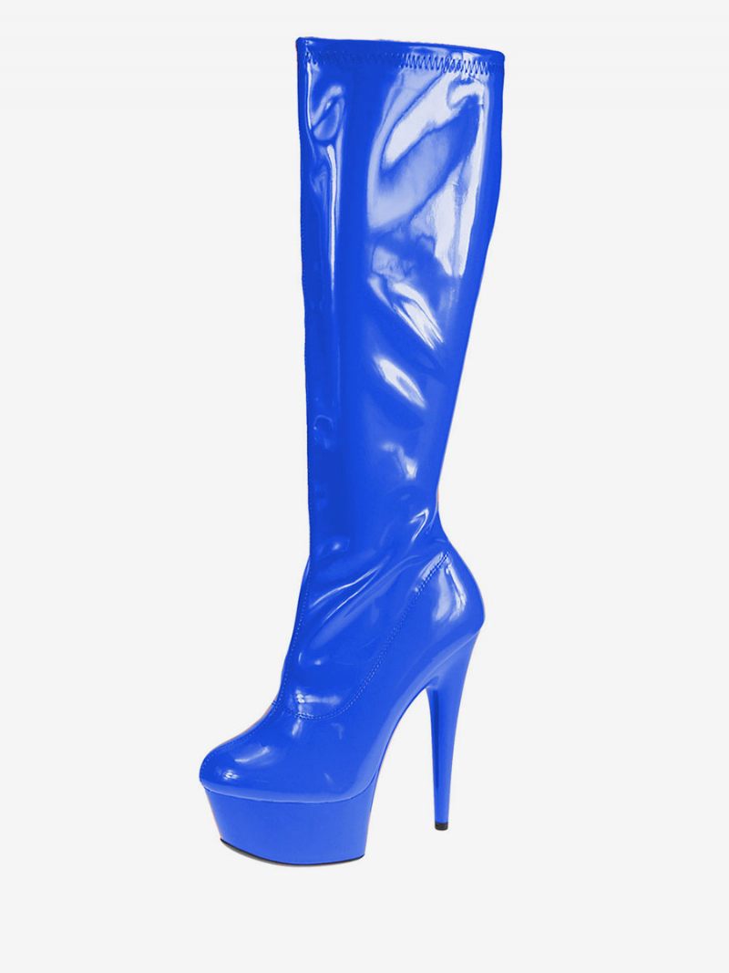 Chaussures Pole Dance Pour Femmes Bottes Bleues Sexy À Talons Hauts Bout Rond Plateforme Mi-mollet Strip-teaseuse - Bleu