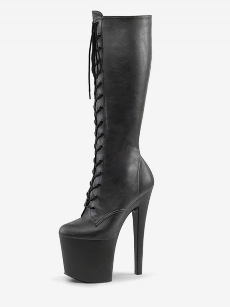 Chaussures Pole Dance Pour Femmes Bottes Hautes Sexy À Lacets Plateforme Talons Aiguilles Strip-teaseuse Noir - Gris Foncé