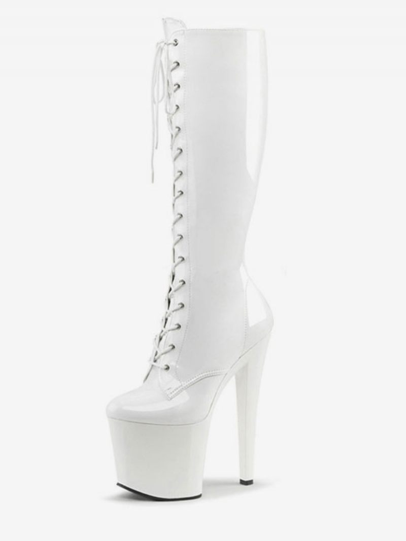 Chaussures Pole Dance Pour Femmes Bottes Hautes Sexy À Lacets Plateforme Talons Aiguilles Strip-teaseuse Noir - Blanc