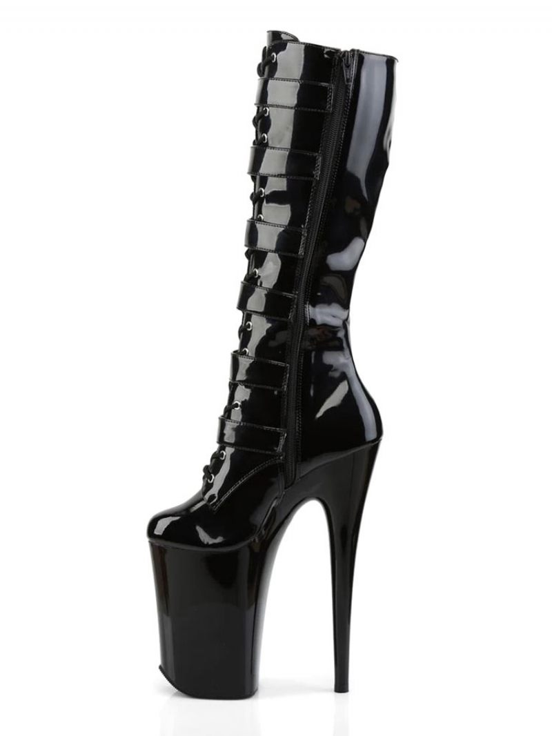 Chaussures Pole Dance Pour Femmes Bottes Sexy À Talons Hauts Bout Rond Fermeture Éclair Talon Aiguille Rave Club Noires Au Dessus Du Genou Strip-teaseuse - Noir