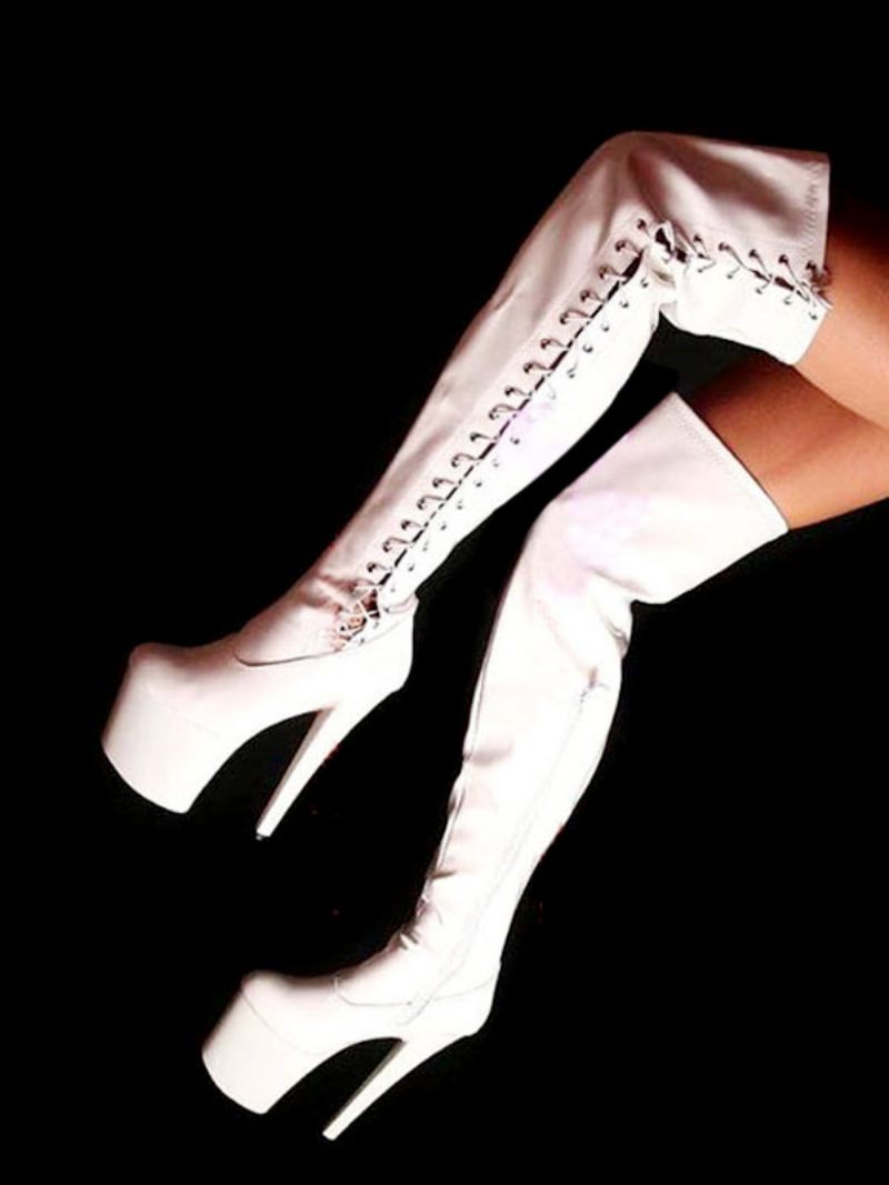 Chaussures Pole Dance Pour Femmes Bottes À Talons Hauts Sexy Bout Rond Lacets Fermeture Éclair Talon Aiguille Rave Club Cuissardes Rouges Stripper - Blanc