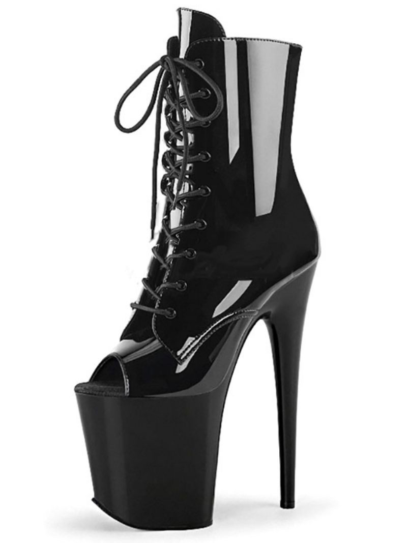 Chaussures Pole Dance Pour Femmes Bottines Sexy À Bout Ouvert Plateforme Lacets Talon Aiguille - Noir