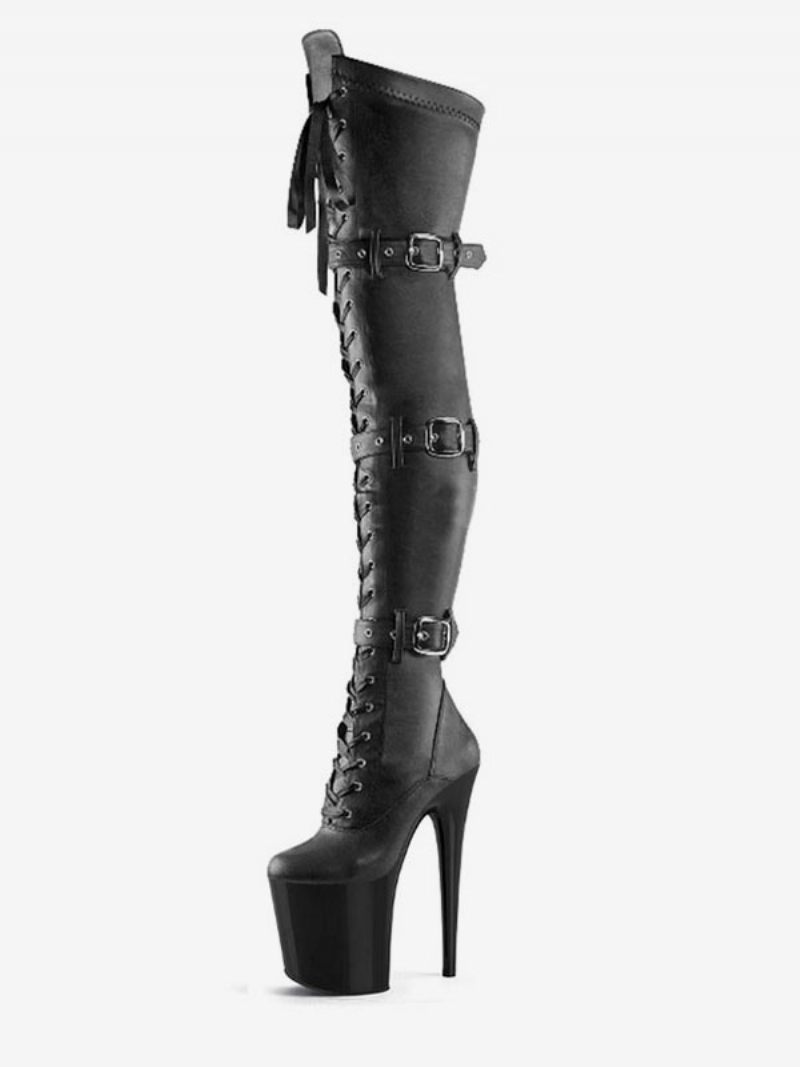 Chaussures Pole Dance Pour Femmes Cuissardes Sexy À Lacets Boucles Plateforme Bottes Talons Aiguilles Hauts Noir - Gris Foncé