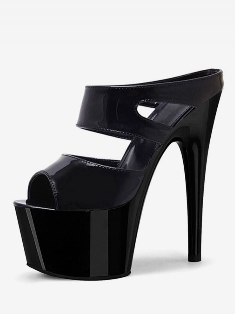 Chaussures Pole Dance Pour Femmes Sandales Sexy À Talons Hauts Cuir Pu Gris Foncé Bout Ouvert Talon Conique Mules Strip-teaseuse - Noir