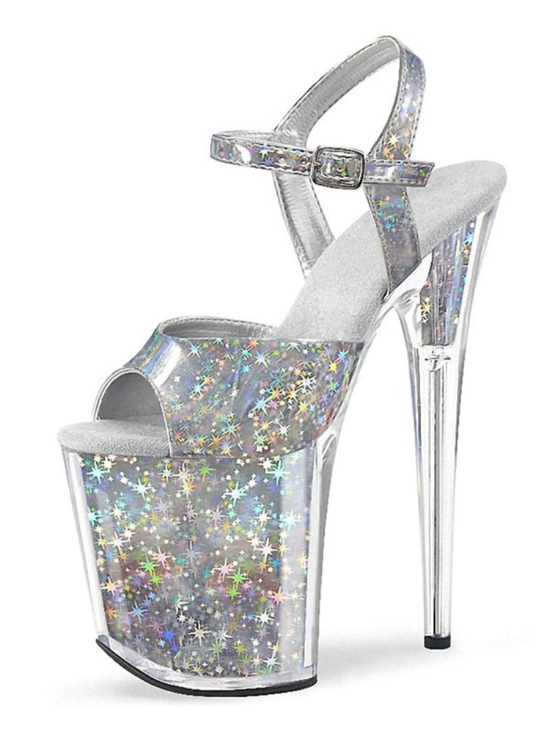 Chaussures Pole Dance Pour Femmes Sandales Sexy À Talons Hauts Ombrés Pvc Bout Ouvert Talon Conique Haut Bride La Cheville Strip-teaseuse - Argent