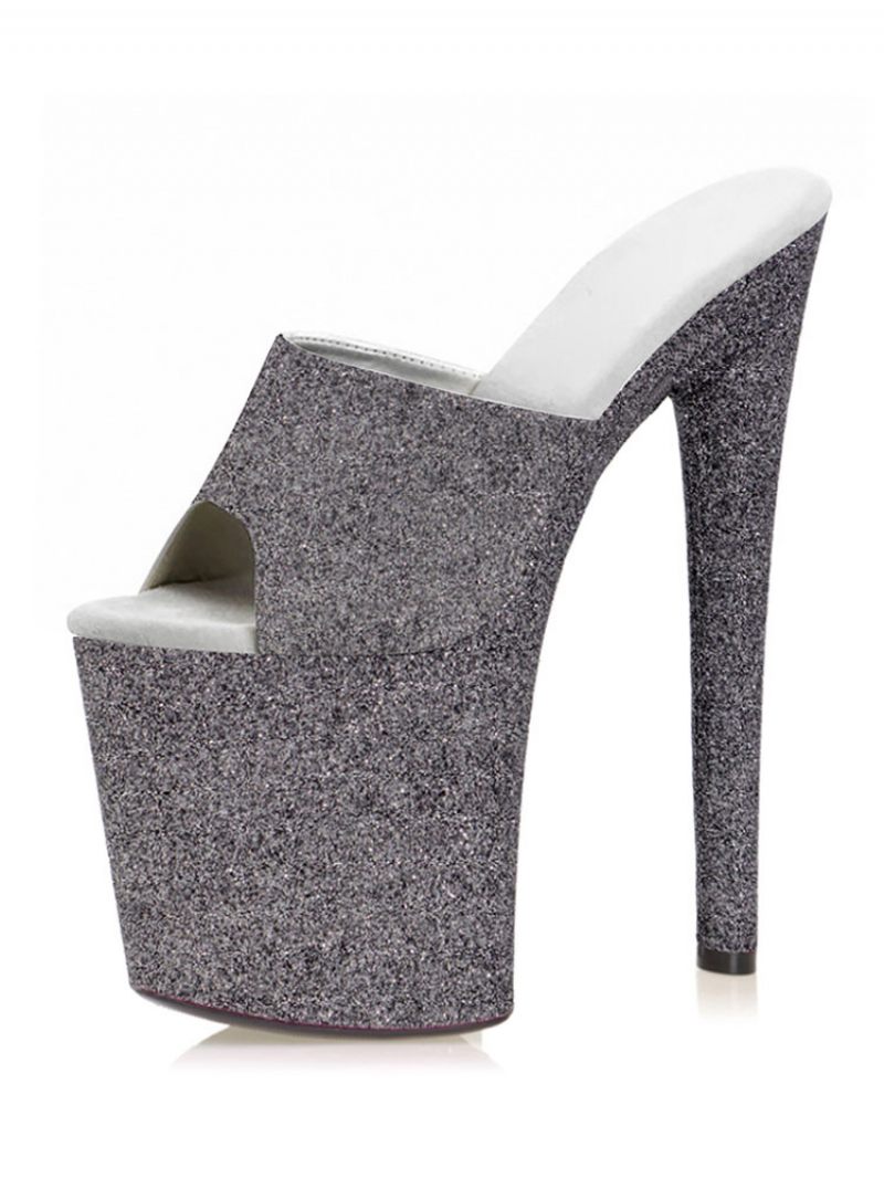 Chaussures Pole Dance Pour Femmes Sexy Paillettes Talons Exotiques Plateforme Hauts Mule Rose - Gris Foncé