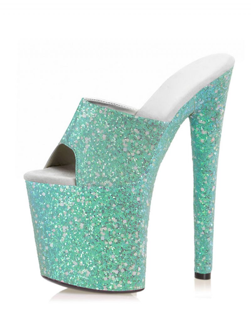 Chaussures Pole Dance Pour Femmes Sexy Paillettes Talons Exotiques Plateforme Hauts Mule Rose - Bleu Ciel Clair