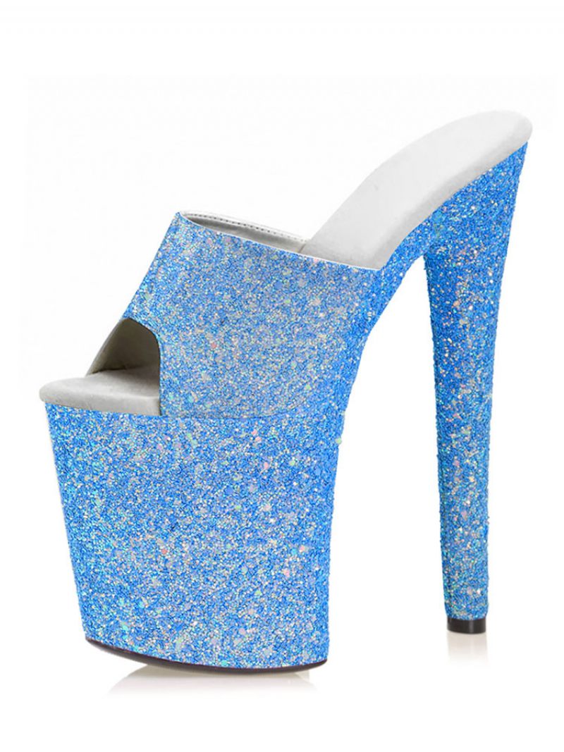 Chaussures Pole Dance Pour Femmes Sexy Paillettes Talons Exotiques Plateforme Hauts Mule Rose - Bleu Profond