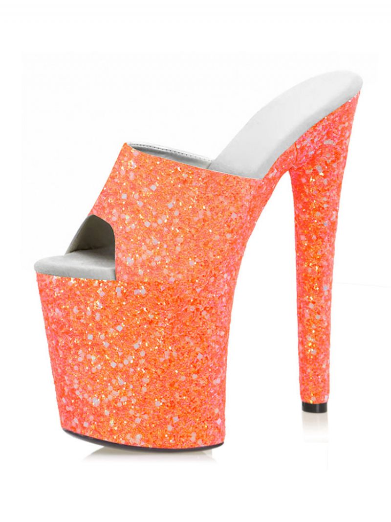 Chaussures Pole Dance Pour Femmes Sexy Paillettes Talons Exotiques Plateforme Hauts Mule Rose - Orange Rouge