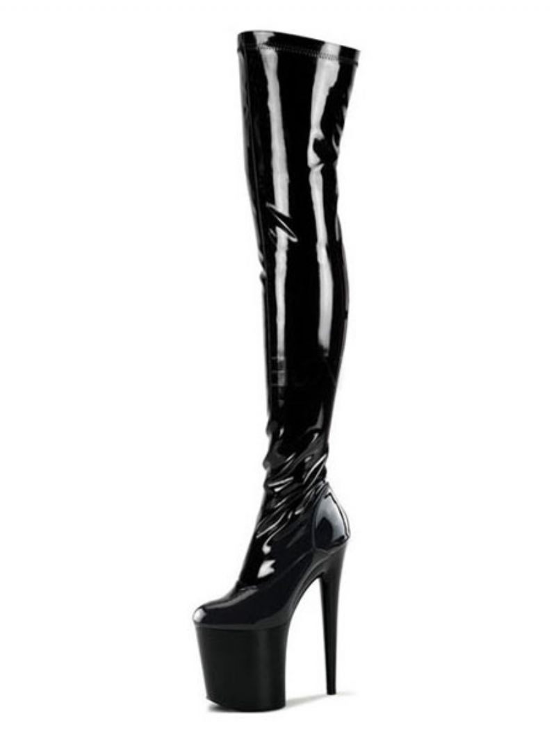 Chaussures Pole Dance Noires Bottes Sexy Femmes Plate-forme Amande Talon Aiguille Cuissardes À Talons Hauts Sur Les Au Genou Strip-teaseuse - Noir