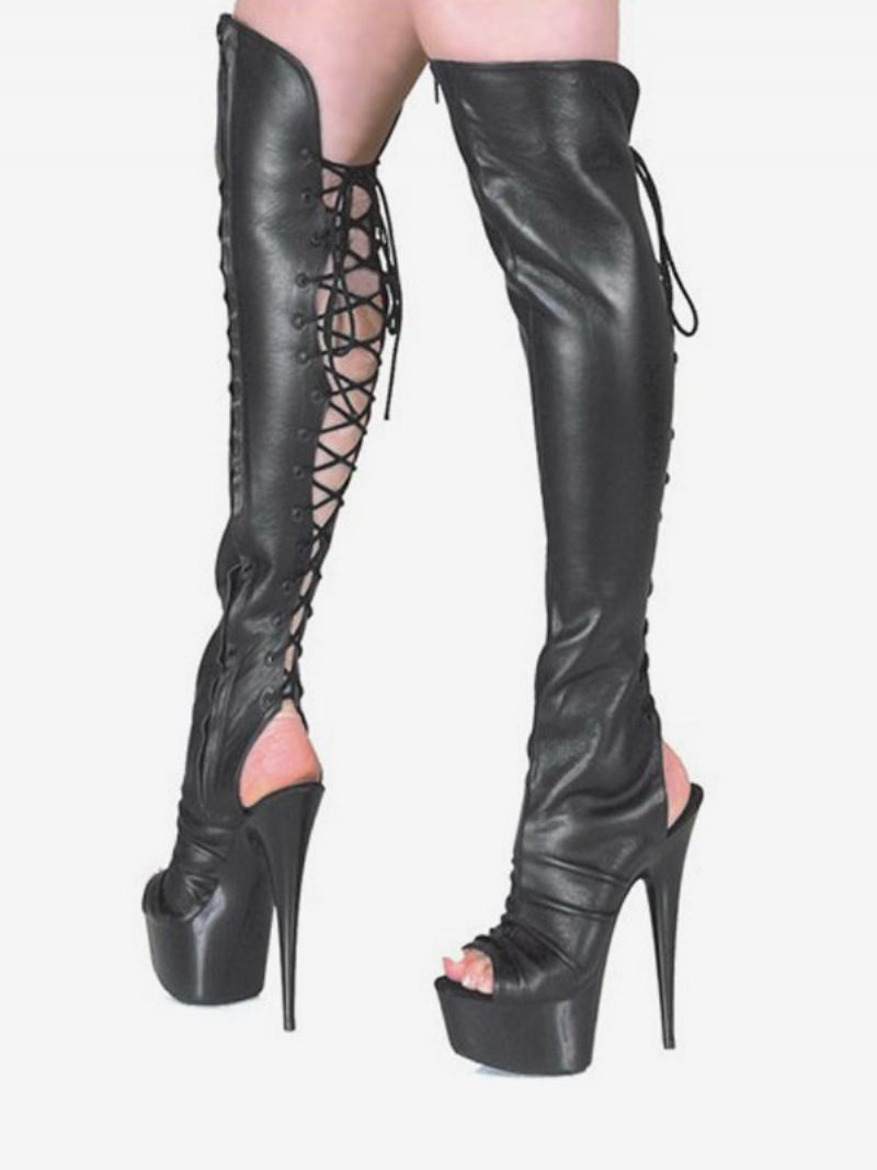 Chaussures Pole Dance Noires Ouvertes À Talons Hauts 1 7/10 Pouces Plateforme Bottes Sexy Lacets Mates Pour Femmes