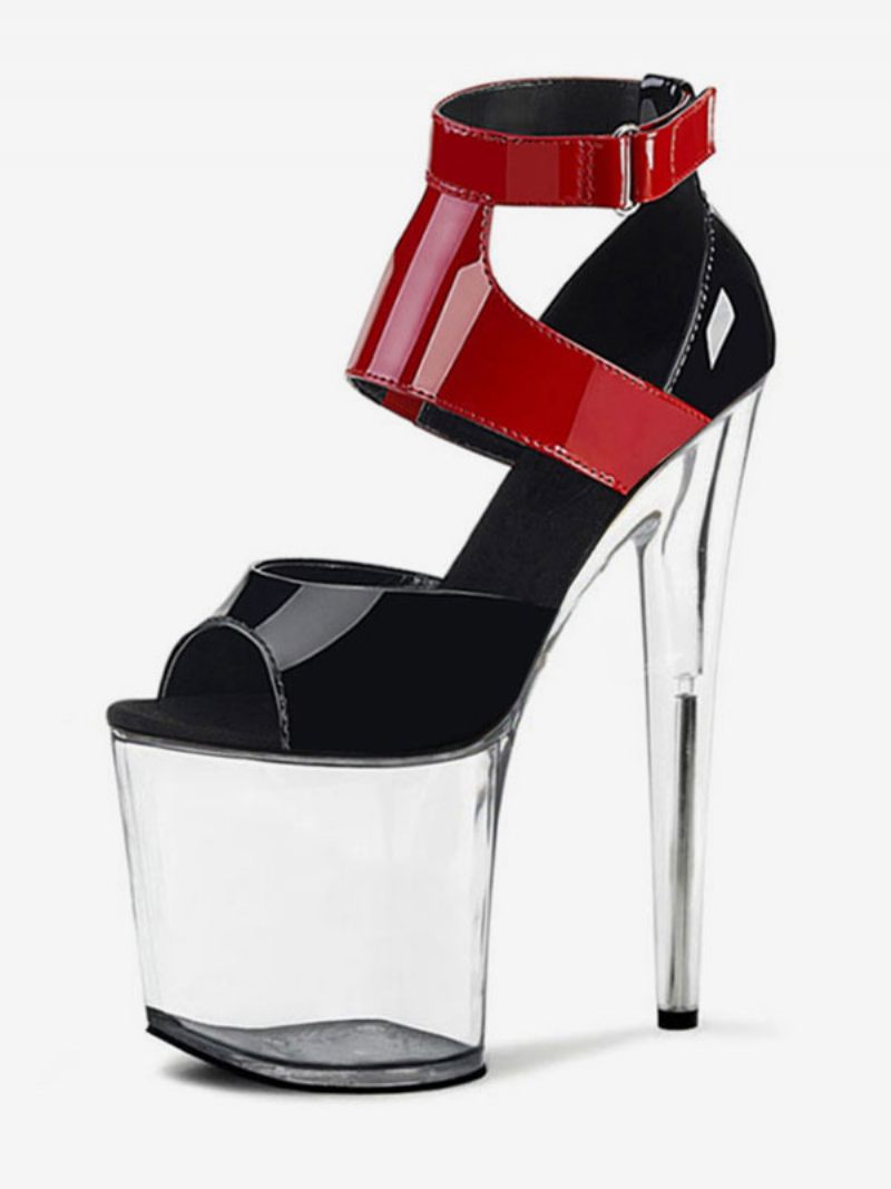 Chaussures Pole Dance Sandales Sexy Pour Femmes Plateforme Transparente Talons Exotiques Cuir Verni Noir Rouge