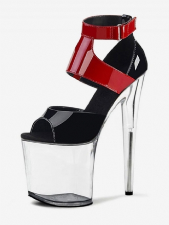 Chaussures Pole Dance Sandales Sexy Pour Femmes Plateforme Transparente Talons Exotiques Cuir Verni Noir Rouge