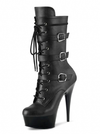 Chaussures Pole Dance Sexy Pour Femmes Bottes À Talons Exotiques Avec Boucles Et Plateforme Cuir Végétalien Noir