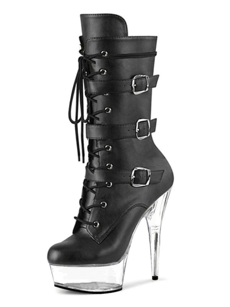 Chaussures Pole Dance Sexy Pour Femmes Bottes À Talons Exotiques Avec Boucles Et Plateforme Cuir Végétalien Noir - Transparent