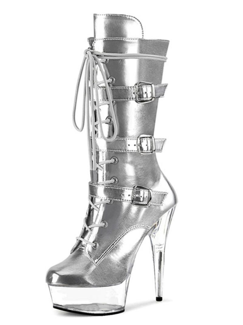 Chaussures Pole Dance Sexy Pour Femmes Bottes À Talons Exotiques Avec Boucles Et Plateforme Cuir Végétalien Noir - Argent