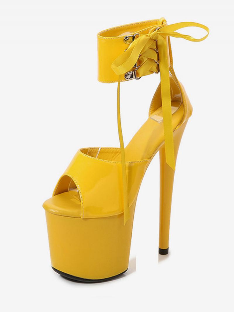 Chaussures Pole Dance Sexy Pour Femmes Bottes À Talons Hauts Et Plateforme Lacets - Jaune