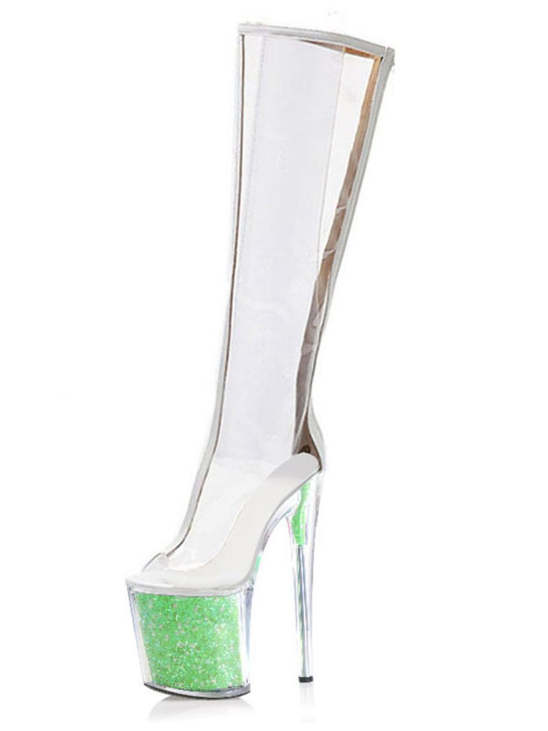 Chaussures Pole Dance Sexy Pour Femmes Talons Exotiques Transparents Paillettes Sur Plateforme - Vert