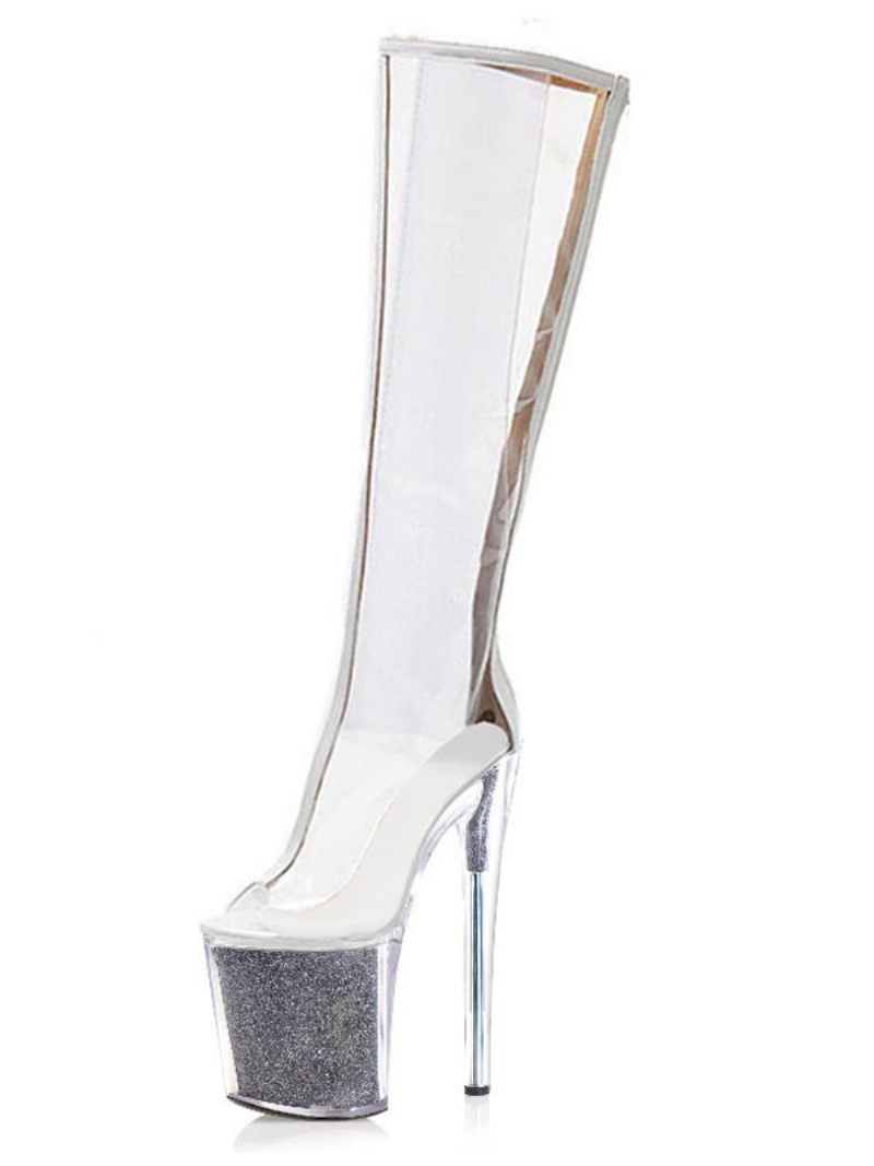 Chaussures Pole Dance Sexy Pour Femmes Talons Exotiques Transparents Paillettes Sur Plateforme - Gris