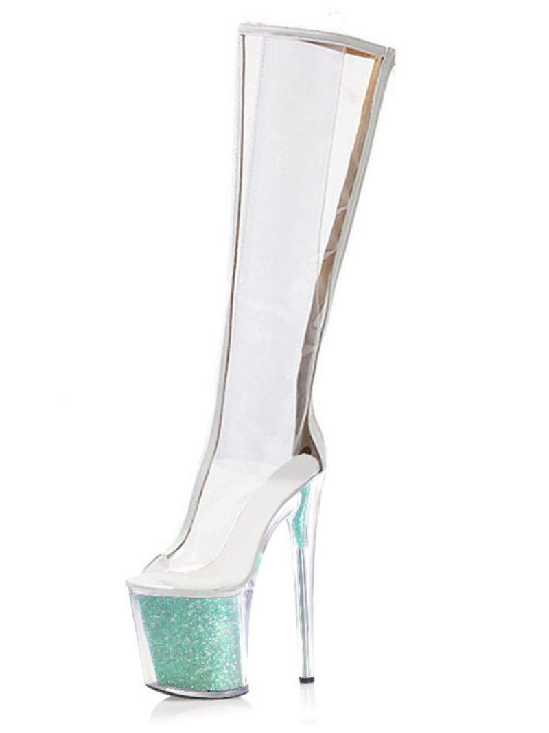 Chaussures Pole Dance Sexy Pour Femmes Talons Exotiques Transparents Paillettes Sur Plateforme - Bleu