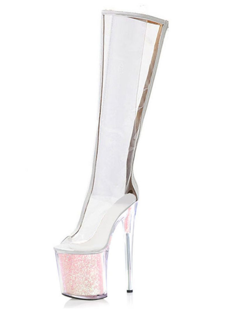 Chaussures Pole Dance Sexy Pour Femmes Talons Exotiques Transparents Paillettes Sur Plateforme - Rose