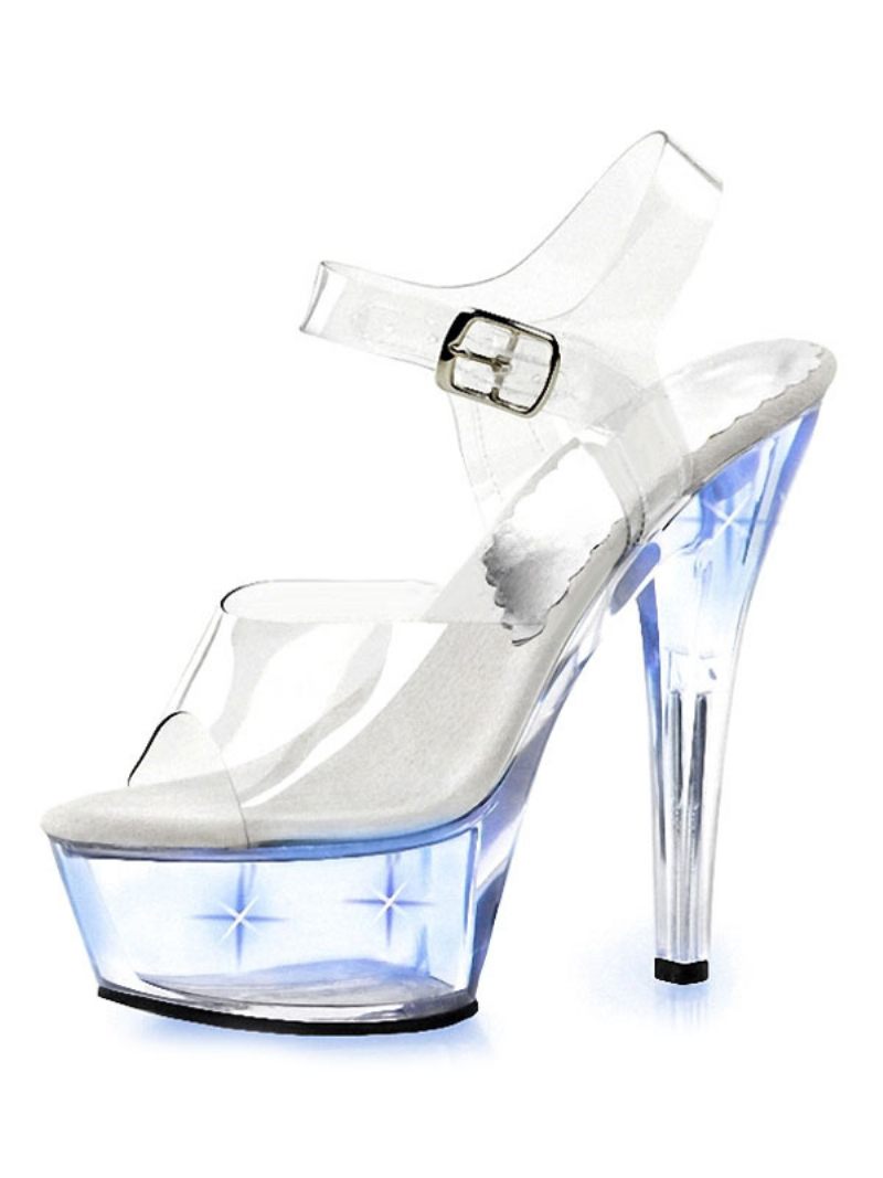 Chaussures Pole Dance Sexy Pour Femmes Talons Exotiques Transparents Sandales À Aiguilles Avec Lumières Led - Bleu