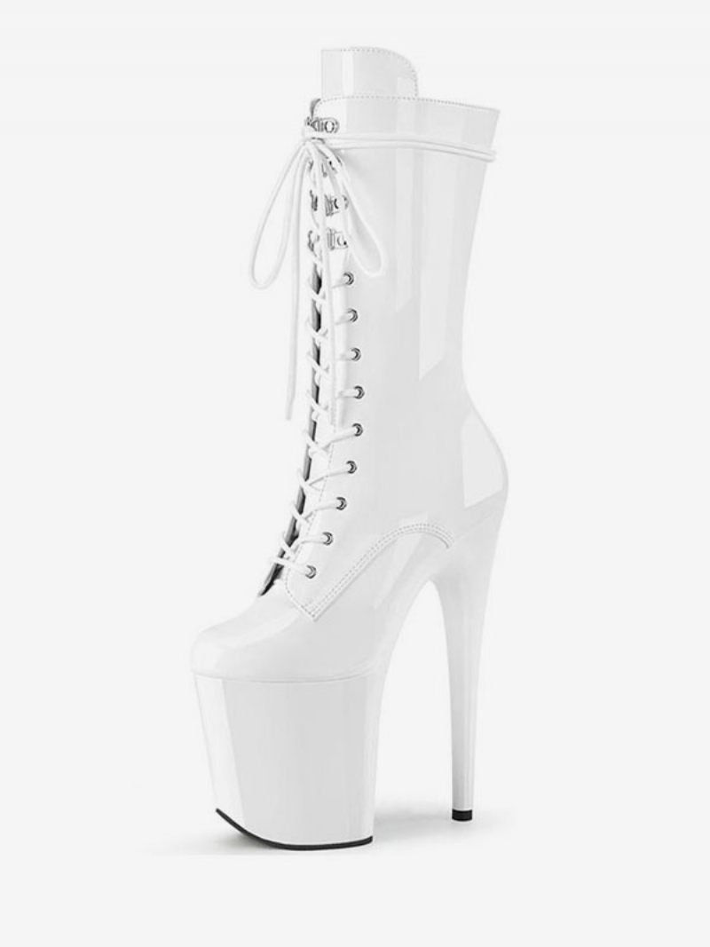 Chaussures Pole Dance Sexy À Lacets Pour Femme - Bottes Mi-mollet Talon Exotique Haut Cuir Verni Noir - Blanc